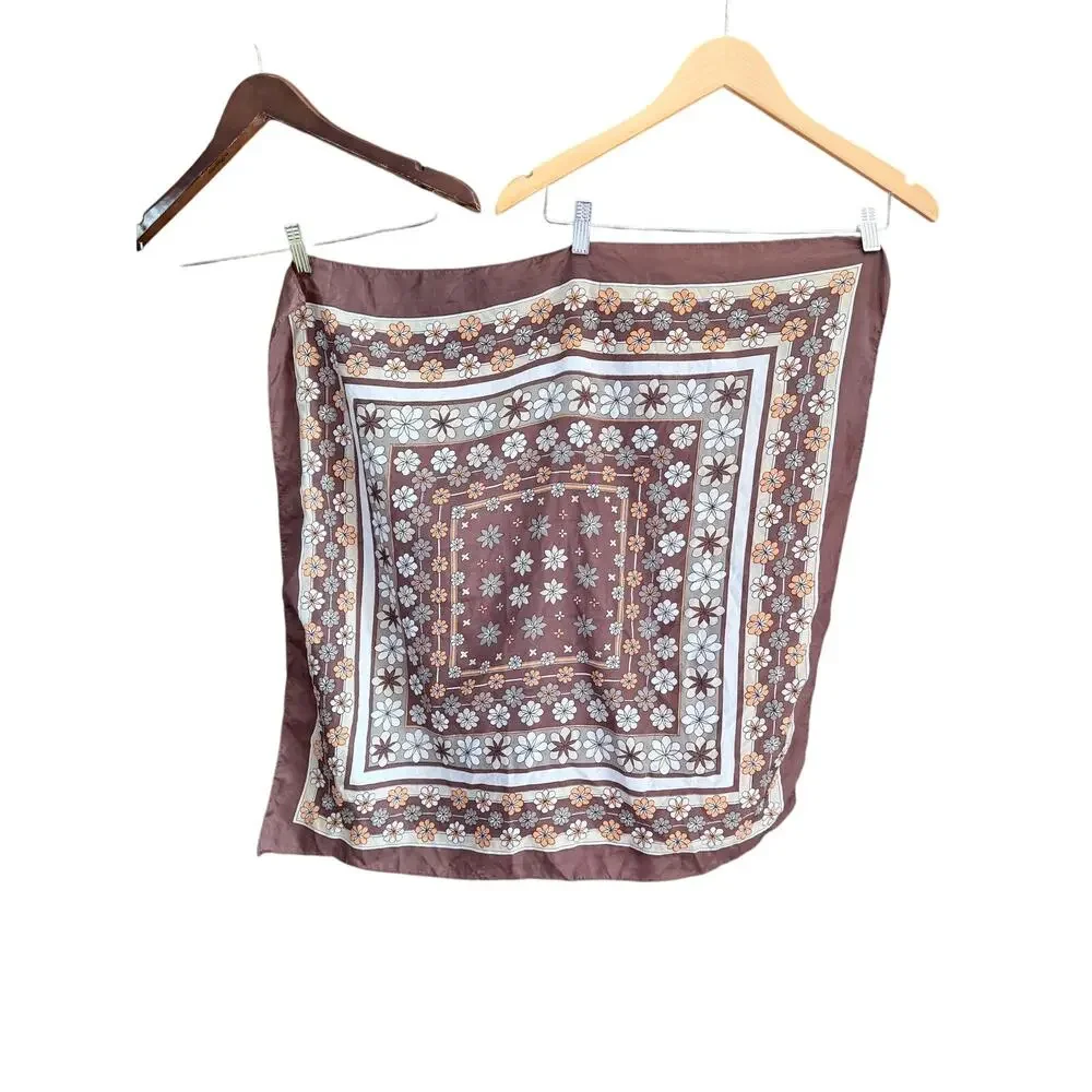 Vintage square scarf brown earth tones paisley 100% nylon made in Taiwan